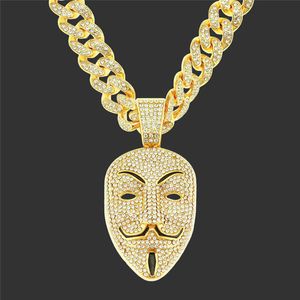 Cubic Zircon V For Vendetta Pendant Necklace For Men Jewelry Crystal Cuban Chain Anonymous Hacker Mask Charm Choker X0707