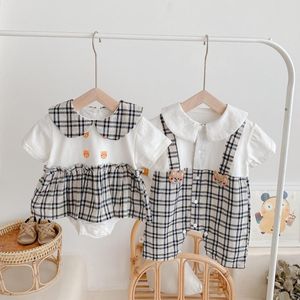 Wholesale twins bear resale online - Rompers Summer Baby Short Sleeve Clothes Cute Plaid Print Bodysuit For Girls And Boys Jumpsuit Bear Cotton Twins Clothing