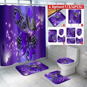 Purple Flower Butterfly Waterproof Print Shower Curtain 4 Piece Carpet Cover Toilet Cover Bath Mat Pad Set Bathroom Curtain 210609