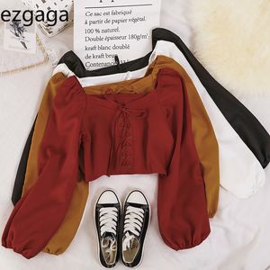 Ezgaga Fransız Tarzı Kırpma Tops Kadınlar Chic V Yaka Vintage Ince Bel Uzun Puf Kollu Katı Ince Seksi Gömlek Güzel Moda 210430