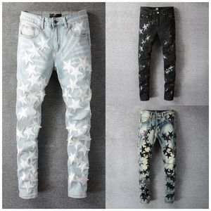 High Quality Streetwear Designer Patchwork Jean Men Hip Hop Leather Star Stitching Ripped Jeans Denim Pant Ripped Tights