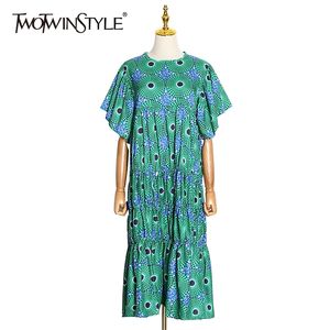 Elegant Print Hit Color Dress For Women O Neck Butterfly Sleeve High Waist Oversize Maxi Dresses Female Summer 210520