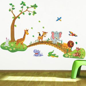 Wall Stickers 3D Cartoon Jungle Wild Animal Tree Bridge Lion Giraffe Elephant Birds Flowers For Kids Room Living Home Decor