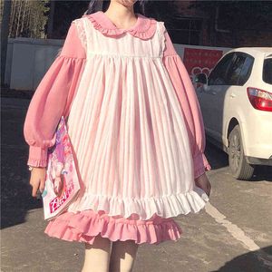 Japanese Sweet Pink Lolita Op Dress Gothic Soft Girl Cute Vintage Ruffle Maid Cosplay Black Dress Women Kawaii Two-Piece Dresses G1214