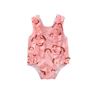 0-3Y Summer Toddler Baby Girl Swimsuit Ruffles Rainbow Swimwear Bathing Suit Beachwear 210515