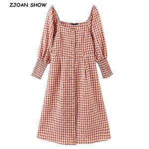 Autumn CHIC Check Plaid Long sleeve Dress Vintage Woman Square Collar Ruched Slim Waist Buttons Midi Shirt Dresses 210429