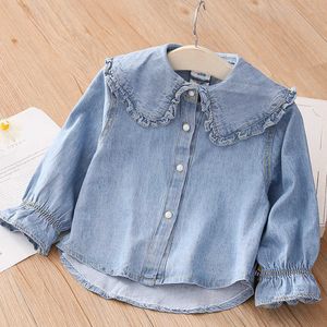 Frühling Herbst 2 3 4 5 6 8 10 Jahre Kinder Kleidung Umlegekragen Langarm Denim Bluse Hemd für Kinder Baby Mädchen 210529