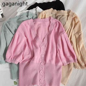 Dzianiny Cadigans Crop Topy dla kobiet Kwiatowy V-Neck Button Up Tees Summer Krótki Rękaw Hollow Out Casual T-Shirts 210601