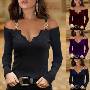 Female Autumn Clothing Off Shoulder Chain Halter Y2k Tops Casual Lace Patchwork Tees V Neck Vintage Goth Long Sleeve T-shirts 220207
