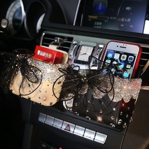Bil arrangör diamant kristall bärbar förvaring låda väska spetsar bowknot auto ventil mount hållare kosmetika fall universell mobiltelefon