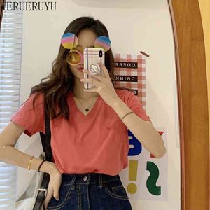 Werueruyu Sommar Slim T Shirt För Kvinna Solid Färg V-Neck Kortärmad Simple Tops Korean Fashion Casual T-shirts 840608