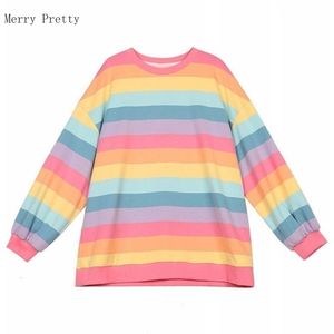 Arco-íris cor-de-rosa listrado enorme camiseta para mulheres Verão manga comprida o-pescoço camiseta Senhoras de estilo coreano Tops Tees 210317