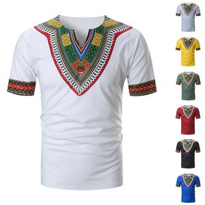 Przybył Folk-Custom Koszulki Mężczyźni Summer Casual African Print V Neck Pullover Krótki Rękaw T-Shirt Top Bluzka Camiseta 210707