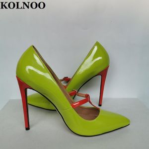 Klänningskor Kolnoo Womens Handgjorda Stiletto High Heeled Pumps T-Rem Pointed-Toe Patent Green Leather Party Prom Fashion Court