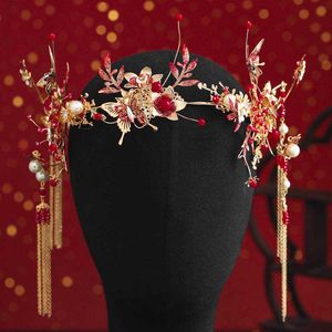 Luxury Fashion Chinese Style Pearl Tassel Hairpin Haircomb Örhängen Set Bride Kvinnor Hanfu Klänning Hår Smycken Tillbehör H1022