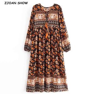 Bohemia Lacing up V neck Location Big Flower Print Long Dress BOHO Woman Sleeve Tassel Strappy Holiday Dresses Beach 210429