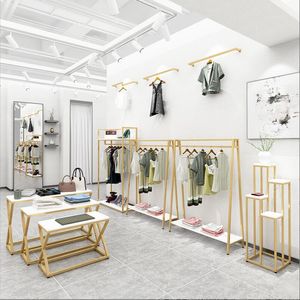 Clothes hanger display rack in clothing store Commercial Furniture golden wall racks floor type side hanging simple women's shelf double-layer cloth hangers