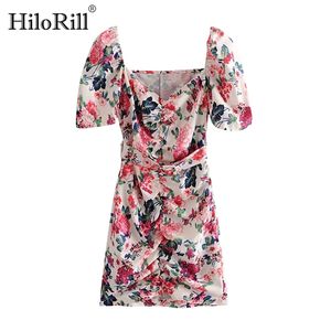 Kobiety Floral Print Mini Dress Sexy Bodycon Plaża z Puft Puff Krótki Rękaw CHIC Lato Vestido de Festa 210508