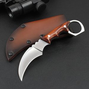 Specialerbjudanden karambit kniv d2 stålblad full tang rosewood handtag fasta blad taktiska klo knivar med lädermantel