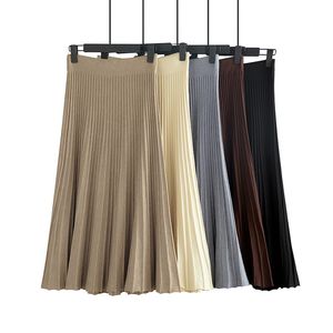 ertical 스트라이프 니트 여성 스웨터 스커트 탄성 밴드 Pleated Midi Skirts Chic High 허리 A 라인 스커트 여성