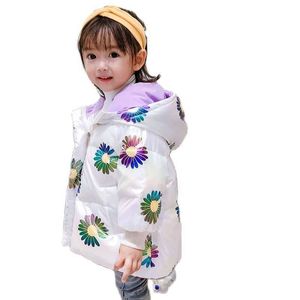 Kış Toddler Kızlar Parlak Aşağı Ceket Rüzgar Geçirmez Çiçek Papatya Çocuk Giysileri Beyaz Ördek Ceket Bebek Kız Kalın Sıcak Kapüşonlu Parka H0909