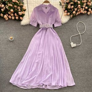 Summer Sweet Purple/Pink/Yellow Polka Dot Chiffon Long Dress Women Elegant Turn-Down Collar Short Sleeve Pleated Vestidos Sashes Y0603