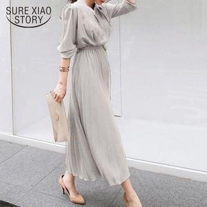 가을 싱글 브레스트 쉬폰 드레스 여성 Pleated ES Full Sleeve 슬림 허리 A 라인 Vestidos 캐주얼 긴 12377 210510