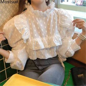 Bianco Chic Stand Collar Donne Camicette Top Manica Buffio Coreano Elegante Camicie vintage Primavera Signore Moda Blusas Mujer 210513