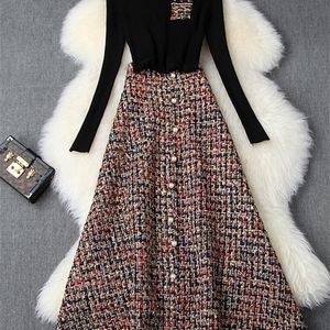 Moda moda jesienna zima 2 -częściowa sukienka Zestaw kobiecy stroje imprezy czarny sweter i długi tweed wełniany garnitur Twinset 220221