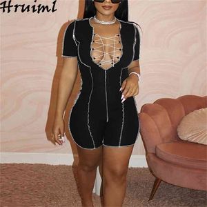 رومبير المرأة قصيرة الأكمام الأسود الخامس الرقبة criss-cross-lacing يصل ارتفاع الخصر الصيف playsuit حزب الشارع الشهير حللا 210513