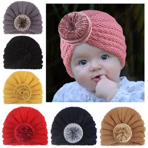 16 * 12,5 cm Handgjorda stickade elastiska Woolled Caps Solid Färg Velvet Donut Baby Girls Hats Mode Kids Bonnet Kläder Ornament