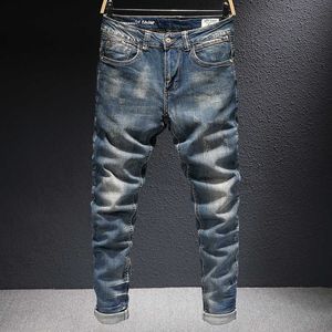 Estilo coreano moda homens jeans de alta qualidade retro escuro azul rasgado vintage designer elástico algodão slim calças de denim p4cd