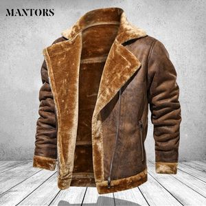 男性服冬のジャケット2020ファッションのターンダウンカラー男性の毛皮のフリース厚いコートメンズレザーの街路壁windbreaker x0710