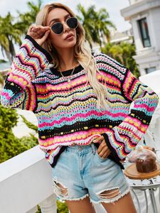 스웨터 여성 긴 소매 다채로운 줄무늬 스티치 O 넥 캐주얼 스웨터 여성을위한 니트 패션 가을 겨울 느슨한 스웨터