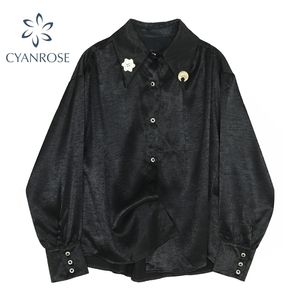 Mulheres verão vintage preto cetim blusa elegante colar de polo longa camisas de manga longa moda design ol single breasted blusas 210515