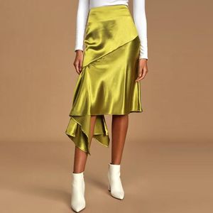 Spódnice Dość Wzburzyć Długość Kolana Spódnica Shiny Silk Midi Women Custom Made Fashion SHORK 2021 Lato