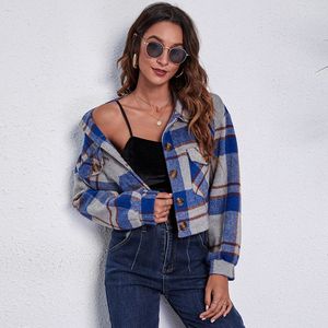 Szaro-Blue Women's Kurtki Plaid Latarnia Rękaw Z Długim Rękawem Krótka kurtka Tweed