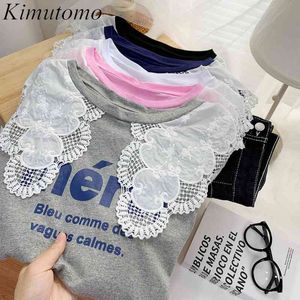 Kimutomo T-shirt con stampa di lettere dolci Ricamo in pizzo Colletto alla Peter Pan Abiti a maniche corte Estate femminile Coreano Chic Top 210521