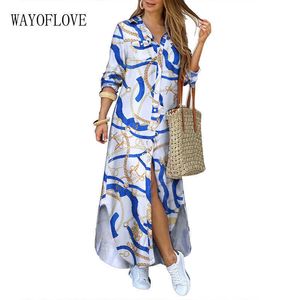 Wayoflove Fashion Blue Stripe Lång Klänning Kvinnor Casual Plus Storlek Robe Långärmad Klänningar Kvinna Elegant Knappskjorta Klänningar 210602