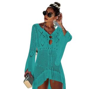 Hollow Out Asymmetry Crochet Beach Skirt Flared Sleeves V-Neck Tunic Bikini Cover-Ups Brasilien Stickad Baddräkt Coverup 210604