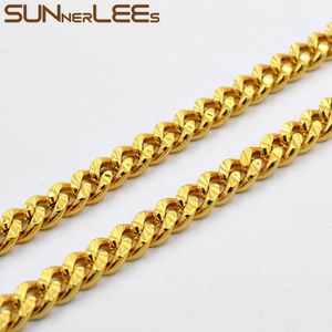 Chains SUNNERLEES Fashion Jewelry Gold Plated Necklace 6mm Curb Cuban Link Chain Shiny Flower Printing For Men Women Gift C78 N