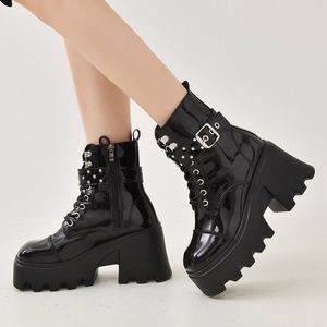 Boots Winter Buckle Lace Up Ankle Women Punk Platform Booties Shoes Woman 2021 Fashion Thick High Heels Plus Size 43