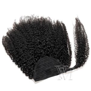 Wrap Around Ponytail Horsetail Human Hair Extensions 120g Inget trassel Inget utgjutande obearbetad naturlig färg Afro Curly Weave Elastic Band Tie