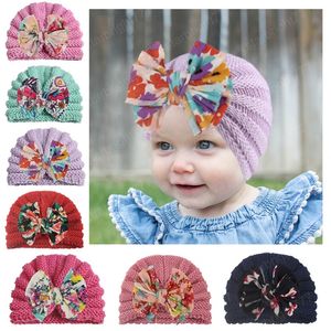 Fashion Print Bowknot Crochet Baby Girls Hats Comfortable Warm Knitting Wool Caps Infant Hair Accessories Birthday Gifts