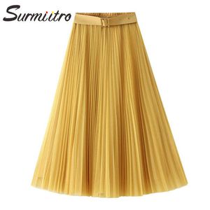 Surmiitro Summer Fashion Midi Long Tulleスカート女性韓国風イエローメッシュハイウエストミッドレングスプリーツスカートメス210712