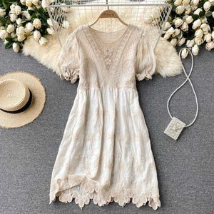 Bohemian Beige/White Hollow Out Embroidered Dress Summer Vintage O-Neck Short Puff Sleeve Vacation Beach Vestidos Female 2021 Y0603