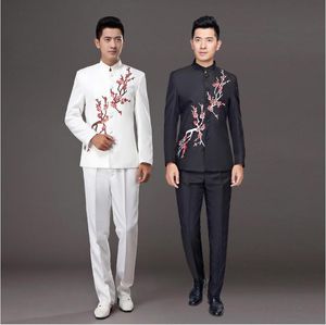 Beyaz Siyah Suits Erik Blossom Zhongshan Ceket Pantolon Performans Kostüm Erkek Ev sahibi Şarkıcı Giyim Koro Sahne Erkek Blazers