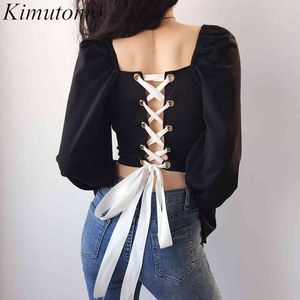 Kimutomo vintage blusa sólida mulheres oco back transversais cintas senhoras colarinho quadrado lanterna manga topo primavera coreia chique 210521