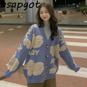 Pull Femme Retro Loose V Neck Puff Long Sleeve Sweaters Cartoon Animal Jacquard Bear Knitted Cardigan Jacket Preppy Style Chic 210610