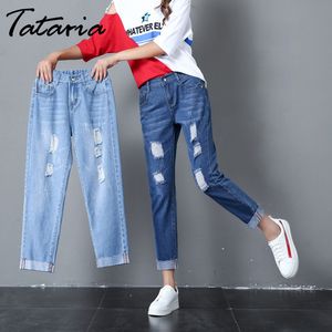 Tataria Slim Pencil Pants Ripped Jeans Kobiety Wysoka talia Vintage Chłopak dla Denim Harem Loose 210514